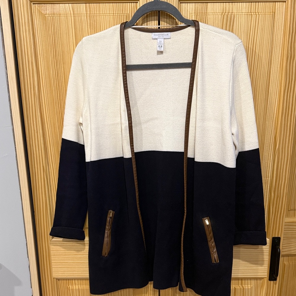 Charter Club Cream and Navy Sweater Cardigan with Faux leather Trim